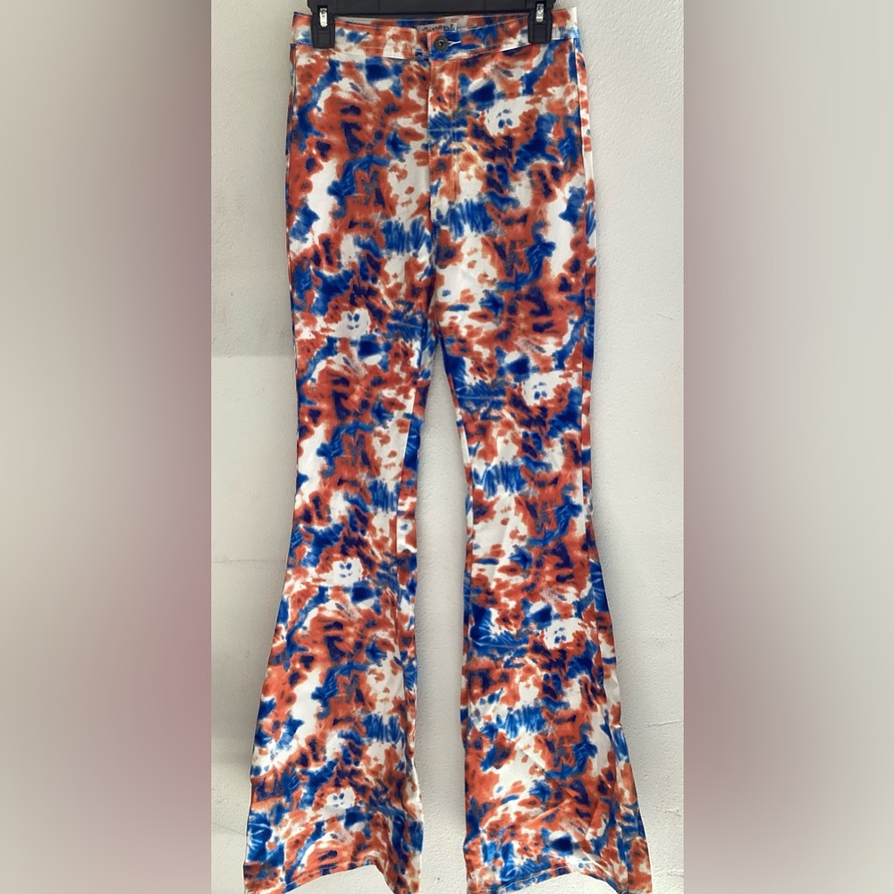 Orange,blue and white tie dye high waisted flare pants